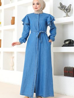 Omuzu Fırfırlı Düğmeli Ferace Açık Mavi 19204