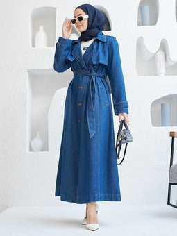 6458 Allerli Denim Trençkot Koyu Mavi