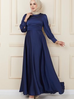 Beli Pilise Detaylı Kuşaklı Abiye Elbise Lacivert 1595