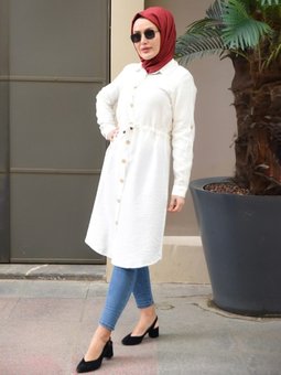 Belinden Bağcıklı Gömlek Tunik Beyaz