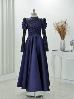 Boncuklu Aplik Işlemeli Kolu Ve Önü Drape Detaylı Daire Etek Midi Boy Endam Abiye Elbise Lacivert