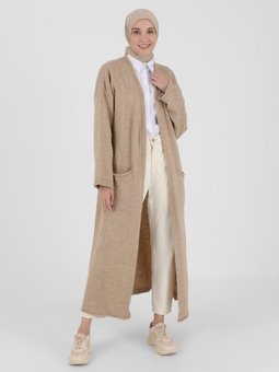 Cep Detaylı Oversize Triko Hırka Vizon