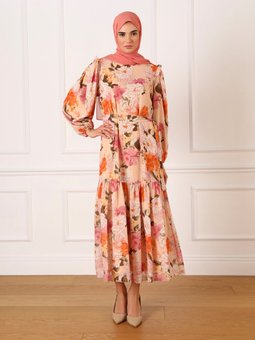 Çiçek Desenli Balon Kol Şifon Pudra Somon Desen Elbise