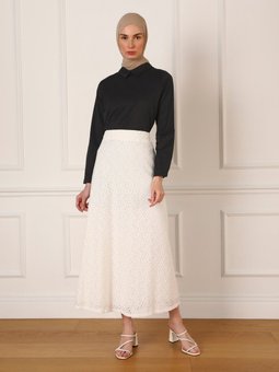 Dantel Kumaş Beli Latikli Beyaz Etek