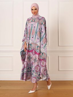 Etnik Desenli Saten Fuşya Ferace