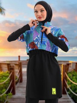 Mavi Siyah Jileli Parça Tam Kapalı Mayo