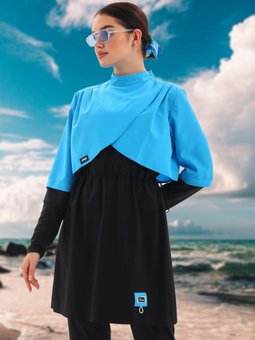 Mavi Siyah Omuzda Pile Detaylı Parça Tam Kapalı Mayo