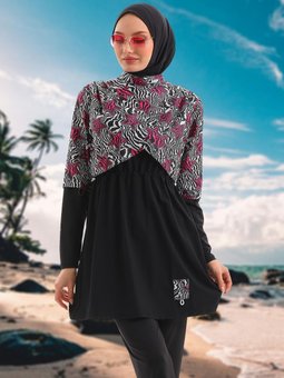 Yıldız Desenli Omuzda Pile Detaylı Parça Tam Kapalı Mayo