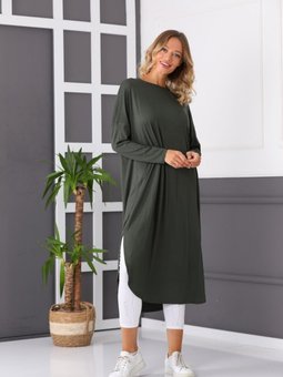 Haki Yanları Oval Uzun Pamuklu Penye Tunik