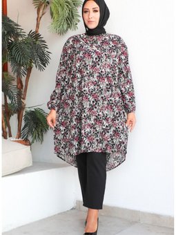 Büyük Beden Desenli Viskon Tunik 1413 01 Siyah Gül Kurusu