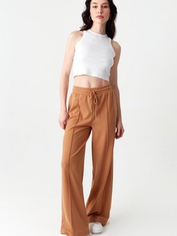 Camel Beli Lastikli Geniş Paça Kumaş Pantolon