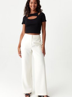 Ekru Beli Lastikli Geniş Paça Kumaş Pantolon