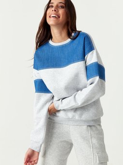 Gri Denim Bloklu Oversize Sweatshirt