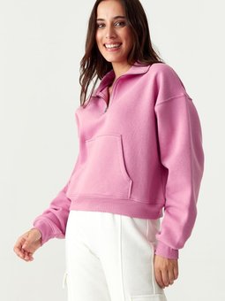 Pembe Dik Yaka Fermuarlı Crop Sweatshirt