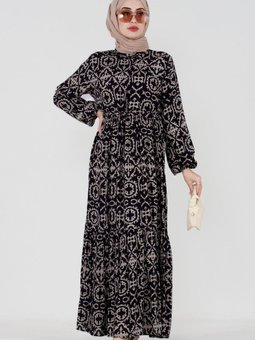 Etnik Desenli Beli Tünelli Viskon Elbise Siyah