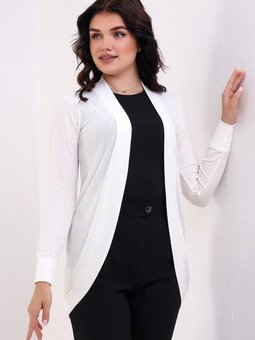 Ekru Takma Uzun Kol Oval Etek Örme Jakarlı Esnek Penye Hırka & Kaftan