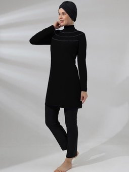 Siyah Büyük Beden Likralı Yuvarlak Çizgili Tam Kapalı Mayo