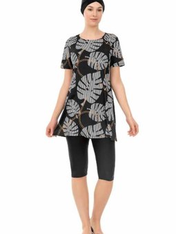 Siyah Yarı Likra Dijital Gül Desenli Mayo