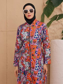 Turuncu Tamamı Dokuma Etnik Desen Tam Kapalı Mayo