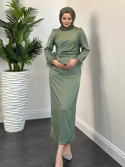 Kol Saçaklı Saten Abiye Elbise Mint