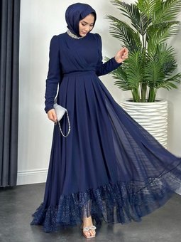 Yaka Taşlı Altı Dantelli Abiye Elbise Lacivert