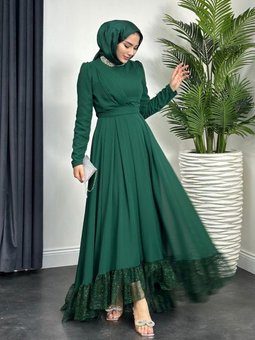 Yaka Taşlı Altı Dantelli Abiye Elbise Zümrüt Yeşili
