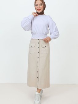 Boydan Düğmeli Cepli Uzun Kot Etek Tsd231202 Bej