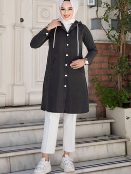 Boydan Düğmeli Kapüşonlu Kot Tunik Tsd240507