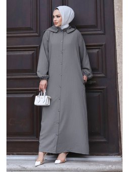 Büyük Beden Çıkarılabilir Kapüşonlu Boydan Düğmeli Ferace Gri Kap