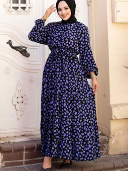 Küçük Gül Desenli Beli Kuşaklı Viskon Elbise Tsd240606 Mor