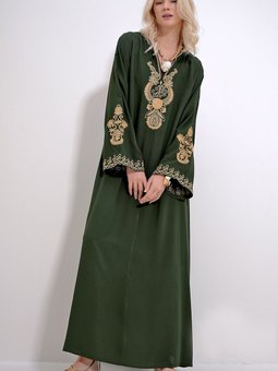 Ceviz Yeşili Nakışlı Elbise Alc X11914