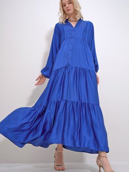 Saks Mavisi Bisiklet Yaka Düğmeli Volanlı Eteği Büzgülü Viskon Elbise Alc X12057