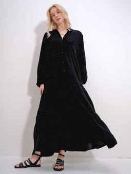 Siyah Bisiklet Yaka Düğmeli Volanlı Eteği Büzgülü Viskon Elbise Alc X12057