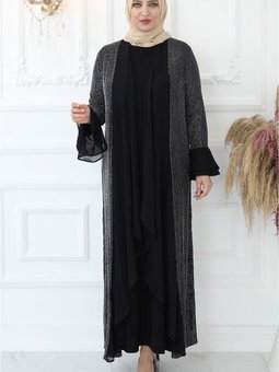 Gri Manşetleri Volanlı Ceketli İkili Abiye Elbise T 3533