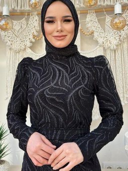 Kadın Siyah Desenli Abiye Elbise T 0411