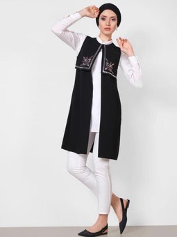 Kadın Siyah Nakış Detaylı Yelek T 4248