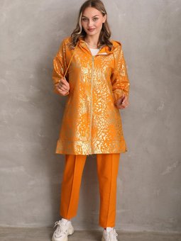 Turuncu Trençkot Dijital Sedef Baskı Motifli Takım