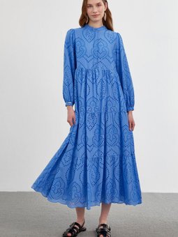 Hakim Yaka Desenli Uzun Mavi Elbise E 0350