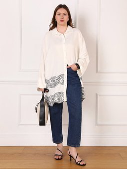 Beyaz Pamuklu Büyük Beden Fisto Detaylı Tunik