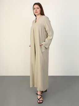 Büyük Beden Cep Detaylı Keten Vizon Elbise