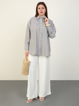 Büyük Beden Çizgi Detaylı Pamuklu Poplin Haki Gömlek