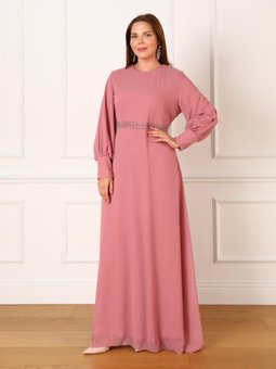 Büyük Beden Taş Detaylı Balon Kol Koyu Gül Abiye Elbise