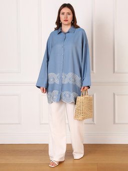 Mavi Pamuklu Büyük Beden Fisto Detaylı Tunik