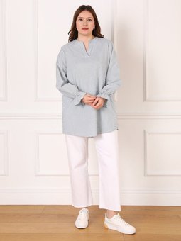 Pamuklu Büyük Beden Yesil Beyaz Çizgili Gömlek Tunik