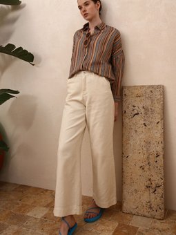 Ekru %100 Pamuk Bol Paça Cepli Pantolon