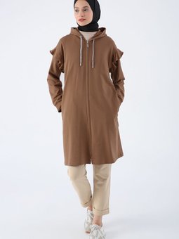 Kahve Pamuklu Omzu Volanlı Kapüşonlu Simli Bağcık Detaylı Fermuarlı Hırka