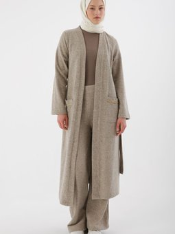 Taş Cepli Kemerli Uzun Hırka