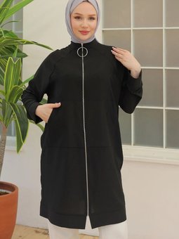 24yt560 Trend İpek Krep Kumaşlı Sırtı Yıldızlı Fermuarlı Ceket