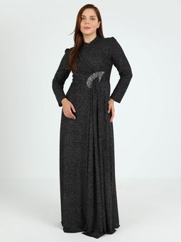 Büyük Beden Gümüş Rengi Abiye Elbise Siyah