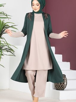 Aplike Taşlı Tunik Pantolon Takım 2668 Zümrüt Yeşili